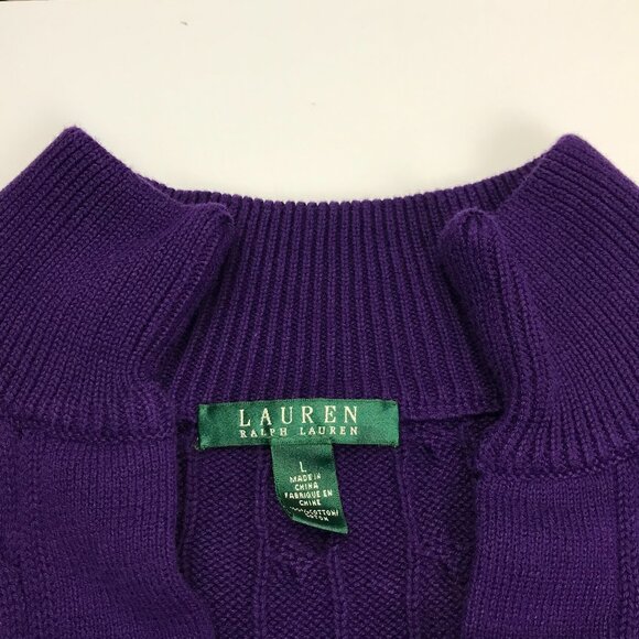 LAUREN RALPH LAUREN Purple Cotton LARGE Cable V-Mock Sweater - Picture 4 of 6